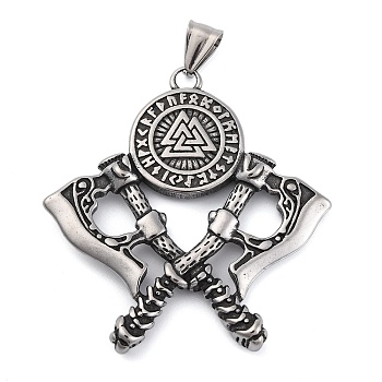 Viking 304 Stainless Steel Big Pendants, Double Axe with Valknut Charm, Antique Silver, 54.5x51.5x4mm, Hole: 8x4.5mm