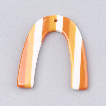 Resin Pendants, U Shape with Stripe Pattern, Orange, 38x32~35x3~4mm, Hole: 1.5mm