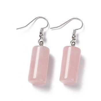 Natural Rose Quartz Cylindrical Dangle Earrings, Platinum Brass Jewelry for Women, 42mm, Pin: 0.7mm