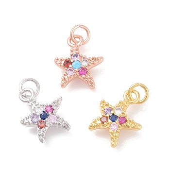 Brass Micro Pave Cubic Zirconia Charms, Starfish/Sea Stars, Mixed Color, 14.5x12x3mm, Hole: 3mm