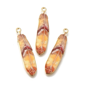 Alloy Enamel Pendants, Golden, Feather Charm, Sandy Brown, 38x8.5x1.5mm, Hole: 1.6mm