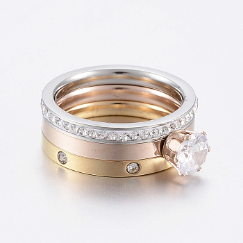 304 Stainless Steel Stackable Finger Ring Sets, with Cubic Zirconia and Polymer Clay Rhinestone, Crystal, Mixed Color, Size 6~9, 16~19mm, 3pcs/set