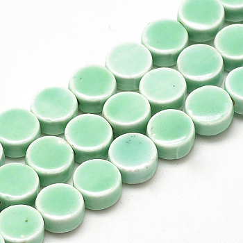 Handmade Porcelain Beads, Bright Glazed Porcelain, Flat Round, Aquamarine, 15~16x9~10mm, Hole: 3mm