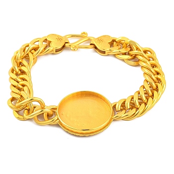 Brass Cuban Link Chain Bracelets Findings, Flat Round Tray Fit for Cabochons, with Heart Clasps, Lead Free & Cadmium Free, Matte Gold Color, Tray: 26mm, 8-7/8 inch(22.4cm)