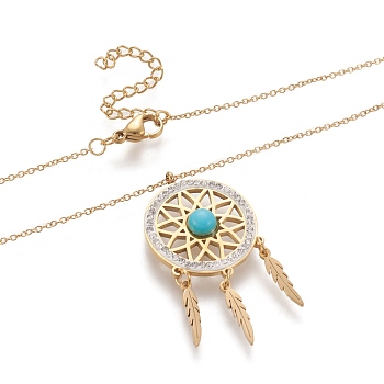 304 Stainless Steel Pendant Necklaces, with Polymer Clay Rhinestone and Synthetic Turquoise, Woven Net/Web with Feather, Golden, 16.54x0.05~0.08 inch(42x0.12~0.2cm)