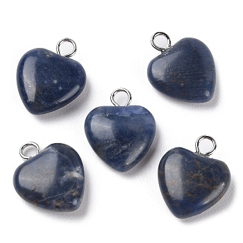 Natural Sodalite Pendants, Heart Charms with Platinum Plated Brass Loops, 14.8~15x12x4.1~4.6mm, Hole: 2mm