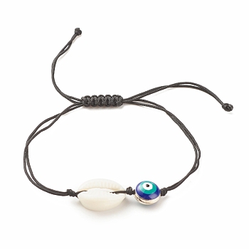 Acrylic Shell & Enamel Evil Eye Braided Bead Bracelet, Adjustable Bracelet for Women, Black, Inner Diameter: 1/2~3-1/2 inch(1.4~8.8cm)