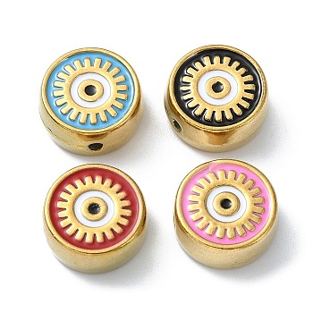 Ion Plating(IP) 304 Stainless Steel Enamel Beads, Real 18K Gold Plated, Flat Round with Evil Eye, Mixed Color, 12x5.5mm, Hole: 1.5mm