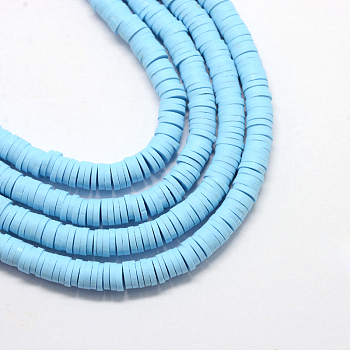 Eco-Friendly Handmade Polymer Clay Beads, Disc/Flat Round, Heishi Beads, Light Sky Blue, 4x1mm, Hole: 1mm, about 380~400pcs/strand, 17.7 inch