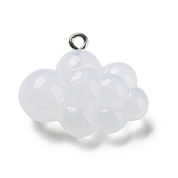 Transparent Resin Pendants, Glitter Cloud Charms with Platinum Plated Iron Loops, White, 21.5x26.5x12.5mm, Hole: 2mm