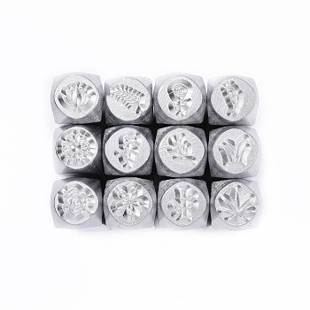 Iron Metal Stamps, for Imprinting Metal, Plastic, Wood, Leather, Mixed Plants Pattern, Platinum, 65.5x10mm, Pattern: 6mm, 12pcs/box