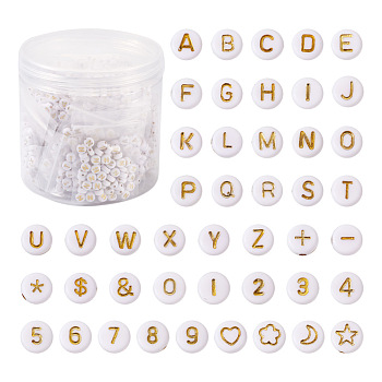 1860Pcs Plating Acrylic Beads, Golden Metal Enlaced, Flat Round with Mixed Patterns, White, White, 7x3.5mm, Hole: 1.2mm