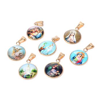 Virgin Mary Theme Glass Pendants, with 201 Stainless Steel Findings, Flat Round, Golden, Mixed Color, 26.5x22x6.5mm, Hole: 6x4mm