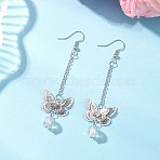 Brass Butterfly Dangle Earrings, with Electroplate Synthetic Crackle Quartz Bead and 304 Stainless Steel Earring Findings, Platinum, 79x23mm(EJEW-JE06664)