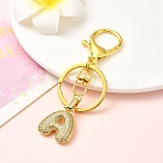Brass Micro Pave Cubic Zirconia Keychain, with Iron Findings, Letter A, 8.8cm(KEYC-YW00089-01)