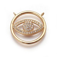 Brass Micro Pave Cubic Zirconia Pendants, Flat Round with Eye, Clear, Golden, 23x4.5mm, Hole: 1.2mm(ZIRC-O027-07G)