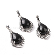 Natural Obsidian Pendants, Teardrop Charms, with Platinum Tone Rack Plating Brass Findings, 32x19x10mm, Hole: 8x5mm(G-H283-04P-18)