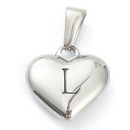 304 Stainless Steel Pendants, Heart with Black Letter, Stainless Steel Color, Letter.L, 16x16x4.5mm, Hole: 7x3mm(X-STAS-P278-01L-P)