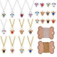 DIY Heart Birthstone Charm Necklaces Making Kits, Including 304 Stainless Steel Rhinestone Charms, Iron Cable Chains & Lobster Claw Clasps, Mixed Color, 8.2x7.2x3.2mm, Hole: 1mm(DIY-SZ0009-31)