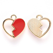 Alloy Enamel Charms, Broken Heart Shape, Light Gold, Red, 15x14x3mm, Hole: 1.6mm(X-ENAM-S121-044)