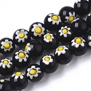 Handmade Millefiori Lampwork Beads Strands, Round, Black, 8mm, Hole: 1.2mm, about 48pcs/strand, 14.17 inch(36cm)(LAMP-R143-01A)