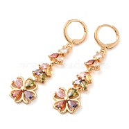 Rack Plating Golden Brass Dangle Leverback Earrings, with Cubic Zirconia, Flower, Colorful, 50x12.5mm(EJEW-B037-02G-01)