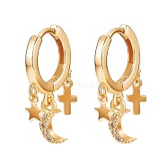 Clear Cubic Zirconia Moon Star Cross Dangle Hoop Earrings, Brass Jewelry for Women, Golden, 20x12mm(JE916A)