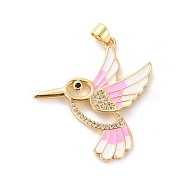 Brass Micro Pave Clear Cubic Zirconia Pendants, with Enamel, Long-Lasting Plated, Real 18K Gold Plated, Bird, Pink, 33.5x31x2mm, Hole: 3x4mm(ZIRC-Z018-09G-D)