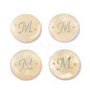 (Defective Closeout Sale: Yellowing), Freshwater Shell Links Connectors, with Platinum Brass Findings, Flat Round with Letter, Letter.M, 20x3mm, Hole: 1.4mm(SHEL-XCP0001-03F)