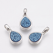 Natural Druzy Agate Pendants, with Brass Finding, teardrop, Platinum, Royal Blue, 14.5x10x3~4mm, Hole: 2x2.5mm(X-KK-G343-13B-P)