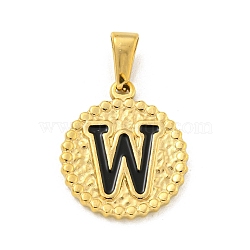 Ion Plating(IP) 304 Stainless Steel Enamel Pendants, Golden, Flat Round with Letter Charm, Letter W, 21x18x2mm, Hole: 8x3.5mm(STAS-R231-19W-G)