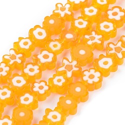 Handmade Millefiori Glass Bead Strands, Flower, Orange, 6.4~9x3.2mm, Hole: 1mm, about 56pcs/Strand, 15.75''(40cm)(X-LAMP-J035-8mm-08)