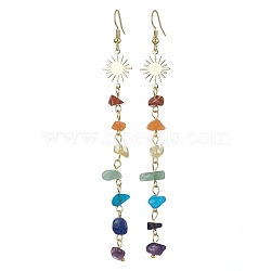 Chakra Theme Natural & Synthetic Mixed Gemstone Chip Beaded Tassel Earrings, Golden Brass Long Dangle Earrings, Sun, 109~110x13.5mm(EJEW-JE05452-02)