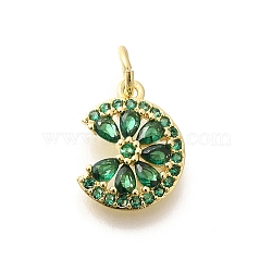 Brass Micro Pave Cubic Zirconia Pendants, with Jump Ring, Long-Lasting Plated, Lead Free & Cadmium Free, Flower Charms, Green, 13x10.5x2.5mm, Hole: 3.5mm(KK-L225-006G-03)