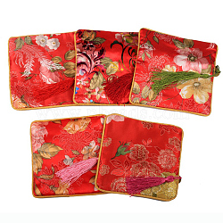 Retro Square Cloth Zipper Pouches, with Tassel and  Flower Pattern, Crimson, 12.2x12.2cm(CON-PW0001-095B)