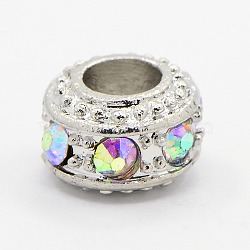 Alloy Glass Rhinestone European Beads, Large Hole Beads, Rondelle, Platinum Metal Color, Crystal AB, 10x7mm, Hole: 5mm(X-RB-D078-03)