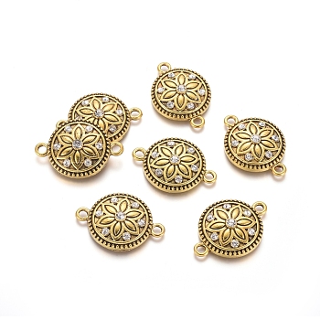 Antique Golden Plated Alloy Links connectors, with Rhinestone, Flat Round with Flower, Crystal, 31x21.5x5.5mm, Hole: 3mm