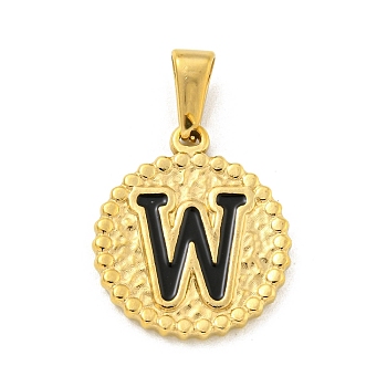 Ion Plating(IP) 304 Stainless Steel Enamel Pendants, Golden, Flat Round with Letter Charm, Letter W, 21x18x2mm, Hole: 8x3.5mm