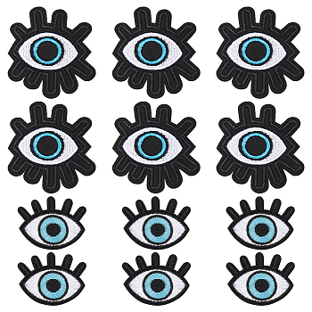 16Pcs 2 Styles Evil Eye Cotton Embroidery Iron on Clothing Patches, Costume Accessories, Appliques, Black, 50~65x40~63.5x1.3mm, 8pcs/style