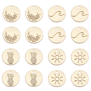 32Pcs 4 Style Alloy Charms, Cadmium Free & Nickel Free & Lead Free, Flat Round, Real 16K Gold Plated, 12x1~1.5mm, Hole: 1.5mm, 8pcs/style