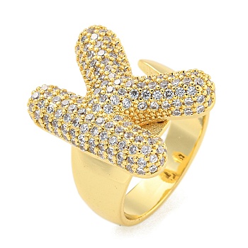 Brass Micro Pave Clear Cubic Zirconia Letter Open Cuff Ring for Women, Real 18K Gold Plated, Letter K, 23x18mm, Inner Diameter: 21mm