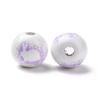 Easter Theme Printed Wood European Beads, Large Hole Beads, Round with Rabbit Pattern, Lilac, 16x14.5mm, Hole: 4mm