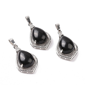 Natural Obsidian Pendants, Teardrop Charms, with Platinum Tone Rack Plating Brass Findings, 32x19x10mm, Hole: 8x5mm