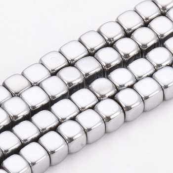 Electroplate Non-magnetic Synthetic Hematite Beads Strands, Cube, Platinum Plated, 4x4x4mm, Hole: 2mm, about 105pcs/strand, 15.7 inch