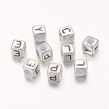 6MM Silver Mixed Letters Cube Acrylic Beads, Horizontal Hole, about 6mm in diameter, hole: 3mm, about 260pcs/50g