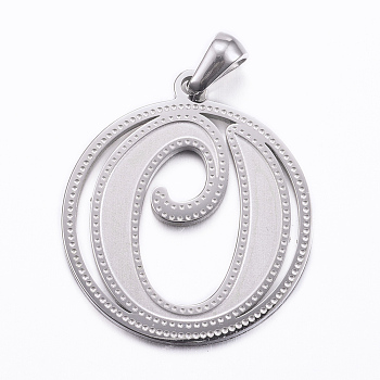 304 Stainless Steel Pendants, Flat Round with Letter, Stainless Steel Color, Letter.O, 28x25x1.2mm, Hole: 6x3.5mm