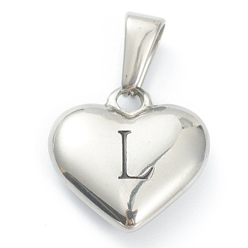 304 Stainless Steel Pendants, Heart with Black Letter, Stainless Steel Color, Letter.L, 16x16x4.5mm, Hole: 7x3mm