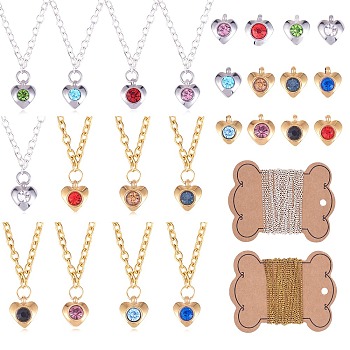 DIY Heart Birthstone Charm Necklaces Making Kits, Including 304 Stainless Steel Rhinestone Charms, Iron Cable Chains & Lobster Claw Clasps, Mixed Color, 8.2x7.2x3.2mm, Hole: 1mm
