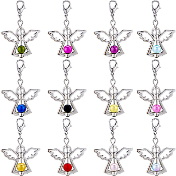 24Pcs 12 Colors Alloy Pendant Decorations, with CCB Plastic, Lobster Claw Clasps, Antique Silver, Angel Wing, Mixed Color, 40~41mm, 2pcs/color