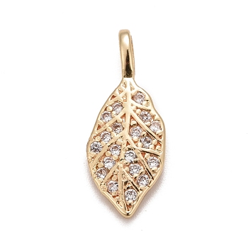 Rack Plating Brass Micro Pave Clear Cubic Zirconia Pendants, Long-Lasting Plated, Cadmium Free & Lead Free, Leaf, Light Gold, 16.5x6.5x3mm, Hole: 2x2.5mm